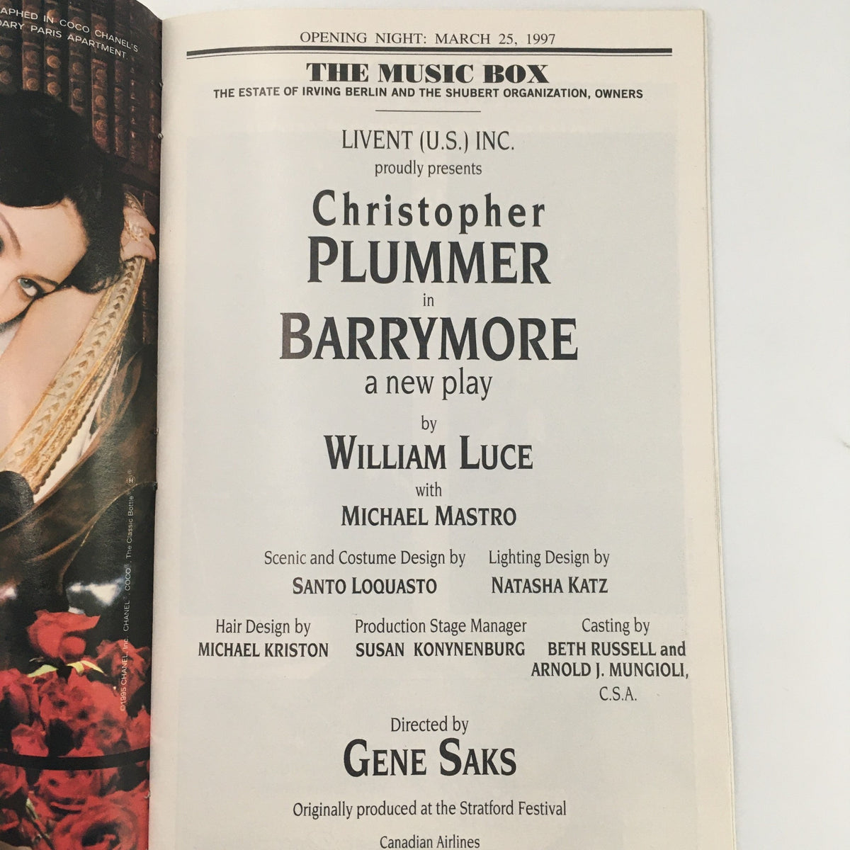 Opening night details of the 1997 Playbill The Music Box 'Barrymore' showcasing Christopher Plummer and Michael Maestro.