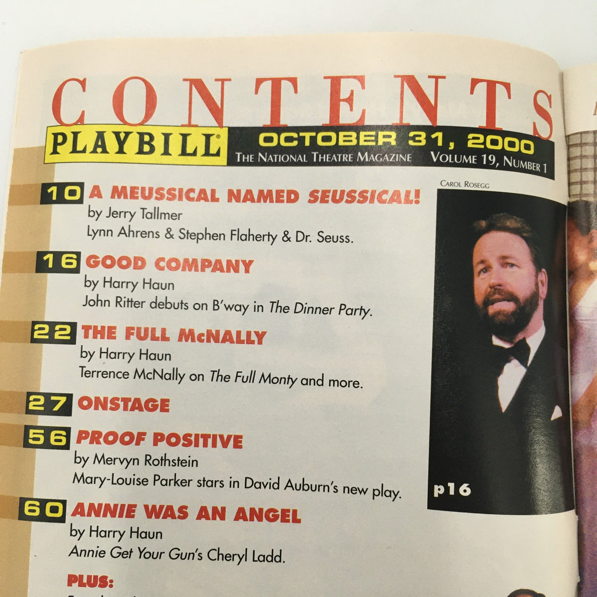 Contents page of the October 31, 2000 Playbill, highlighting articles and features from the theater magazine including 'The Full McNally' and 'Good Company' starring John Ritter.