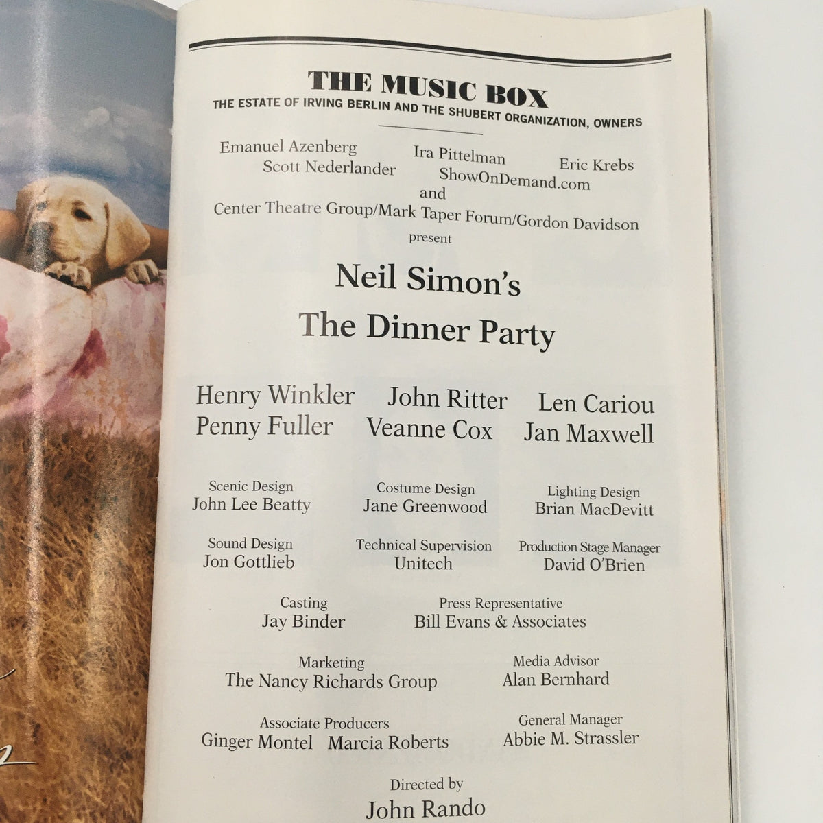 The Music Box production details for Neil Simon's 'The Dinner Party' featured in the 2000 Playbill, listing the cast including Henry Winkler and Veanne Cox.