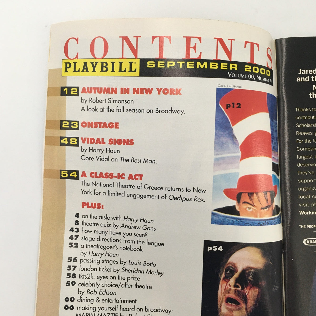 Contents page of the 2000 Playbill showcasing the magazine's features, including articles about Broadway shows and performances.