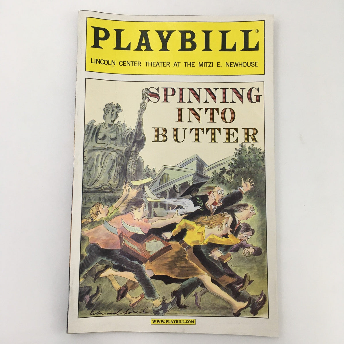 2000 Playbill for 'Spinning Into Butter' at Lincoln Center Theater featuring a colorful illustration, showcasing the dynamic themes of the play, with prominent characters in action.