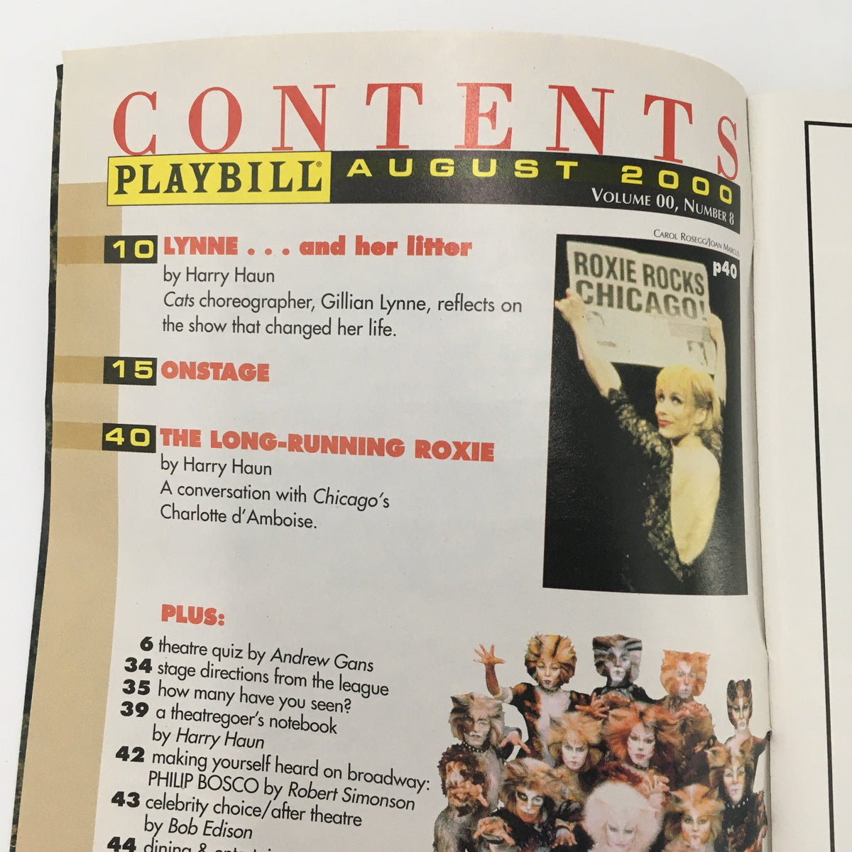 Contents page of the 2000 Playbill for Lincoln Center Theater's 'Spinning Into Butter', featuring articles on theater and performances including Chicago.