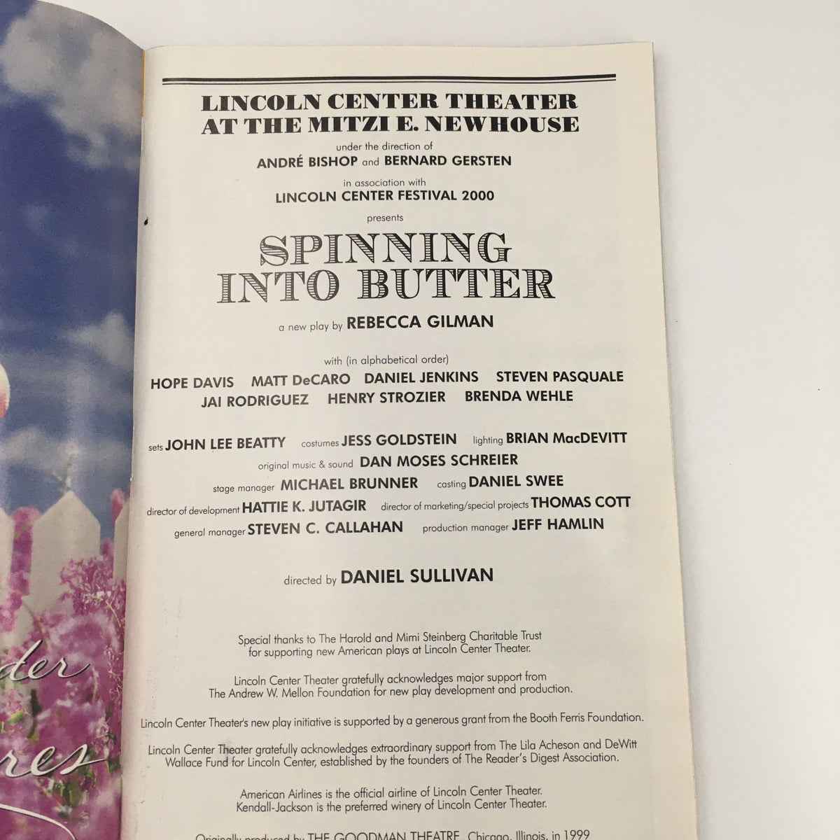 Page from the 2000 Playbill for Lincoln Center Theater's 'Spinning Into Butter', listing the cast and crew including Steven Pasquale.