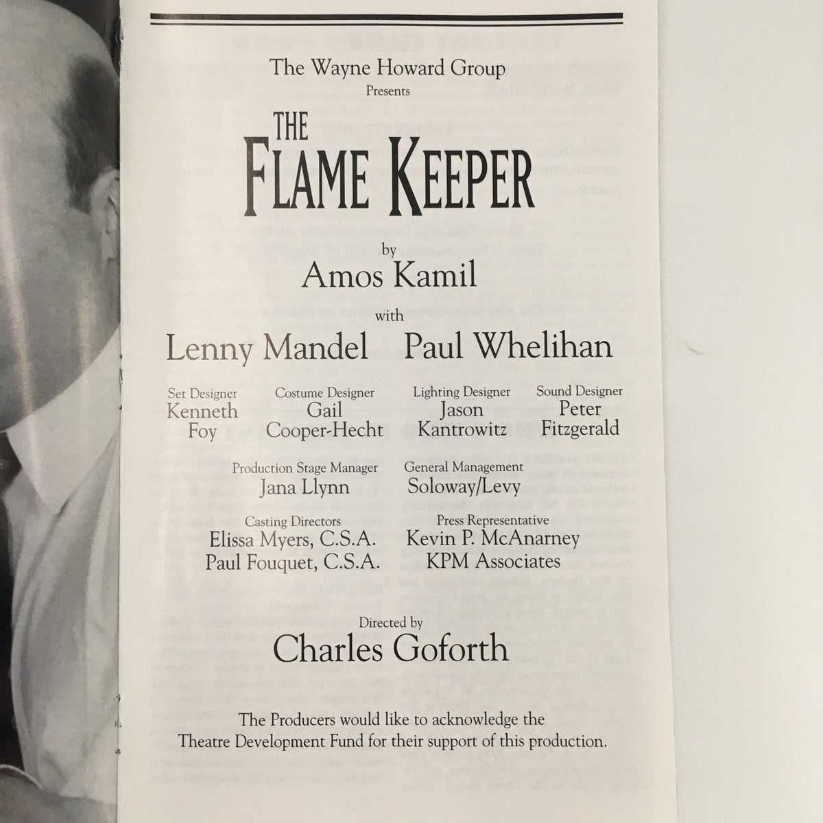 2000 Playbill for 'The Flame Keeper' featuring the cast and crew details, presented by The Wayne Howard Group at the 47th Street Theater.