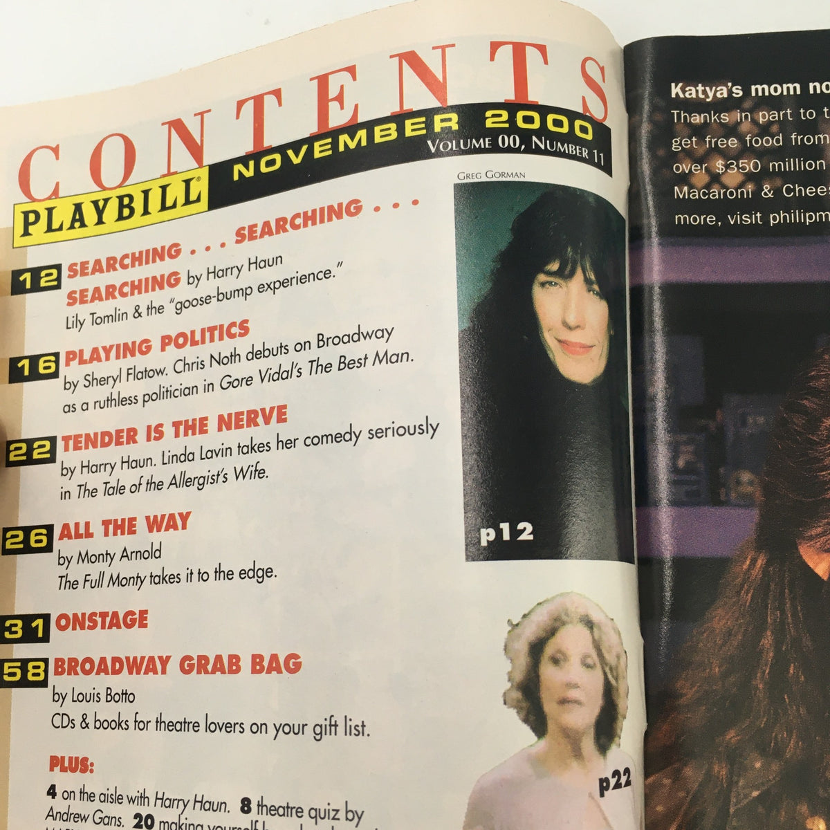 Contents page of the 2000 Playbill for 'The Unexpected Man' highlighting various articles and performances, including contributions from Harry Houn and Sheryl Flatow.