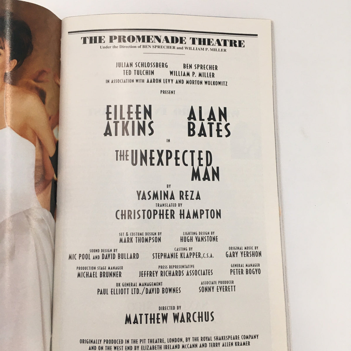 Production credits page of the 2000 Playbill for 'The Unexpected Man,' listing Eileen Atkins and Alan Bates in the cast and showcasing the creative team behind the production.