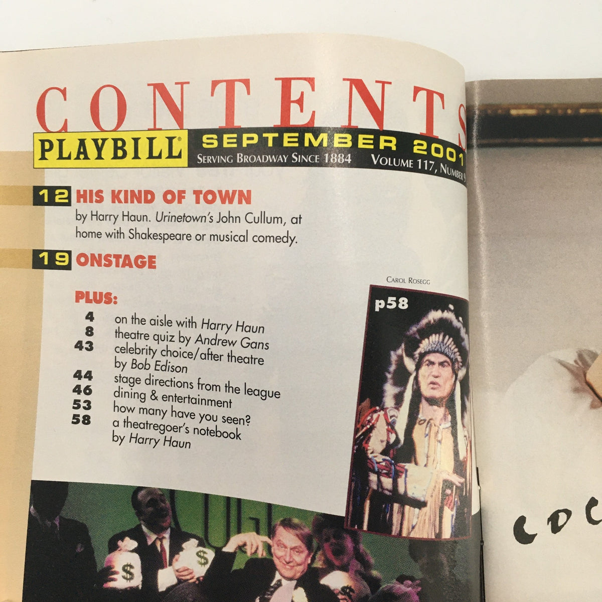 Contents page of the 2001 Playbill for 'Dance of Death', including articles and information related to the theatre.