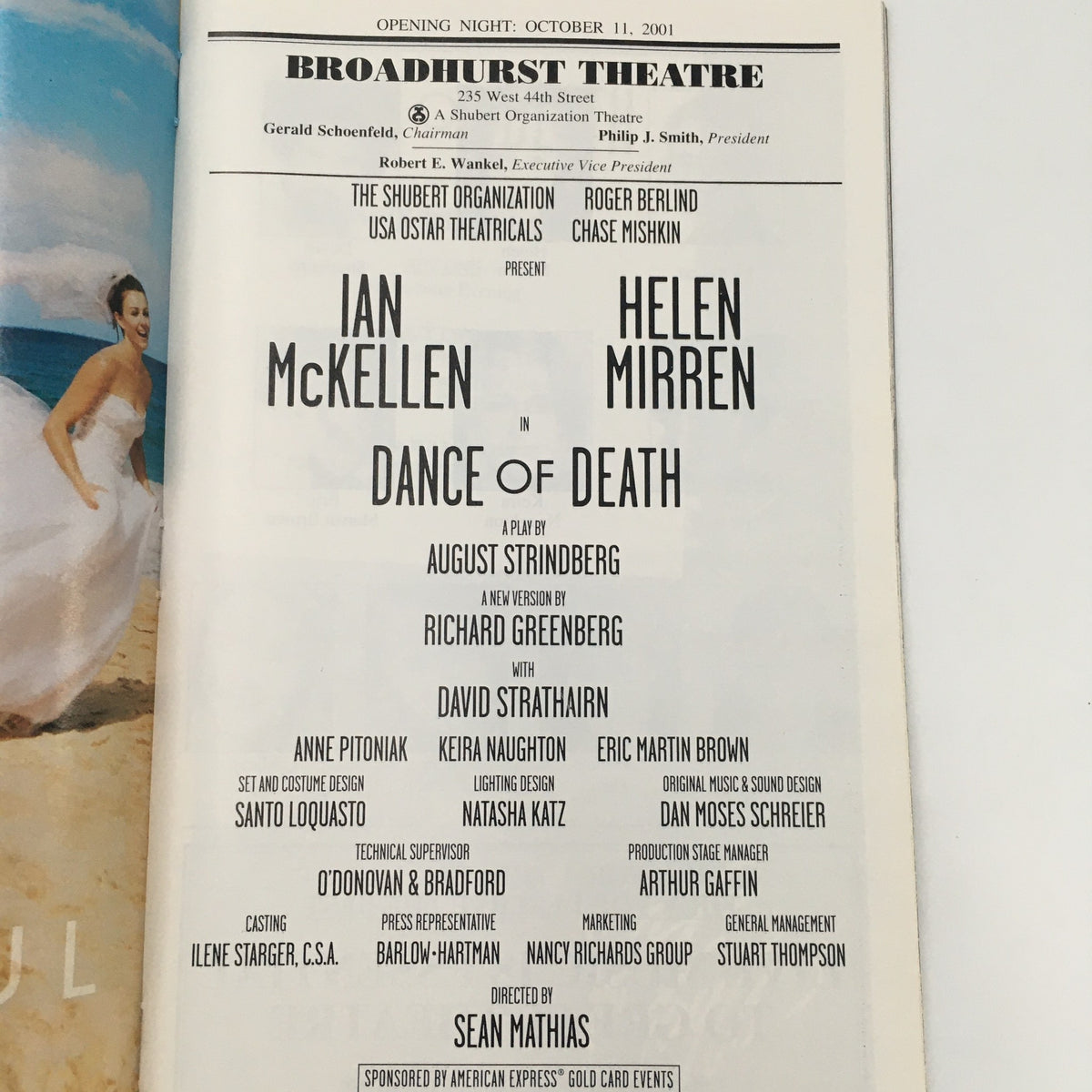 Opening page of the 2001 Playbill for 'Dance of Death' at Broadhurst Theatre, showcasing cast details including Ian McKellen and Helen Mirren.