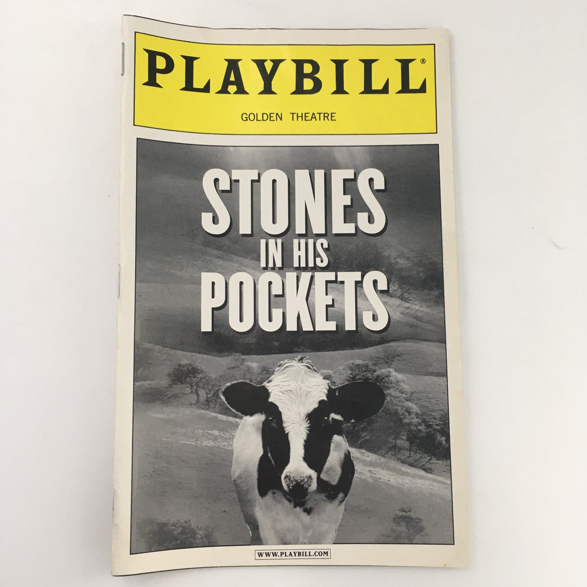 2001 Playbill for 'Stones in His Pockets' at the Golden Theatre, featuring a black and white cover image of a cow in a scenic landscape.
