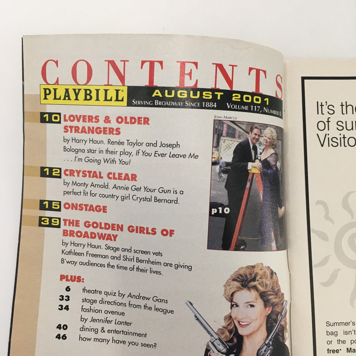 Contents page of the August 2001 Playbill showcasing 'Stones in His Pockets' featuring Sean Campion and Conleth Hill.