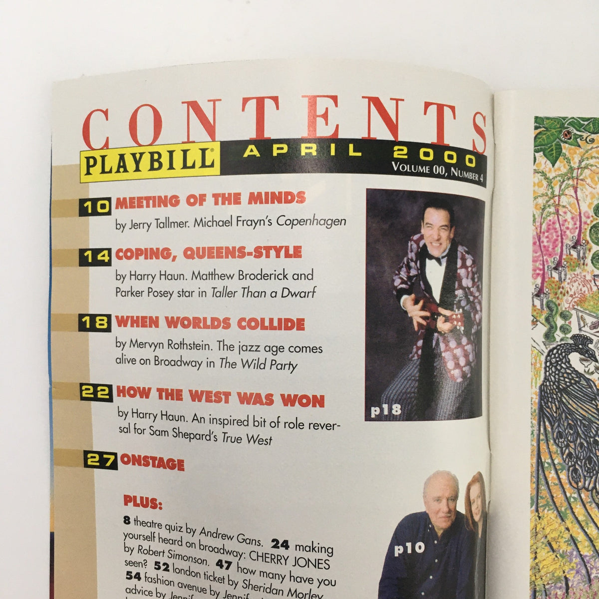 2000 Playbill from The Promenade Theatre 'The Waverly Gallery', showing the table of contents for the April 2000 issue.