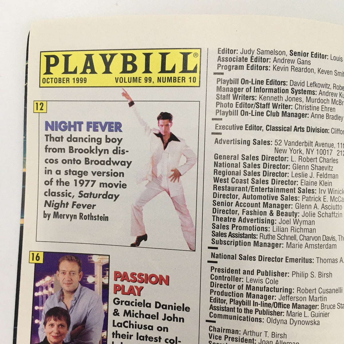 Inside page of the October 1999 Playbill showcasing the 'Night Fever' production and advertising content.