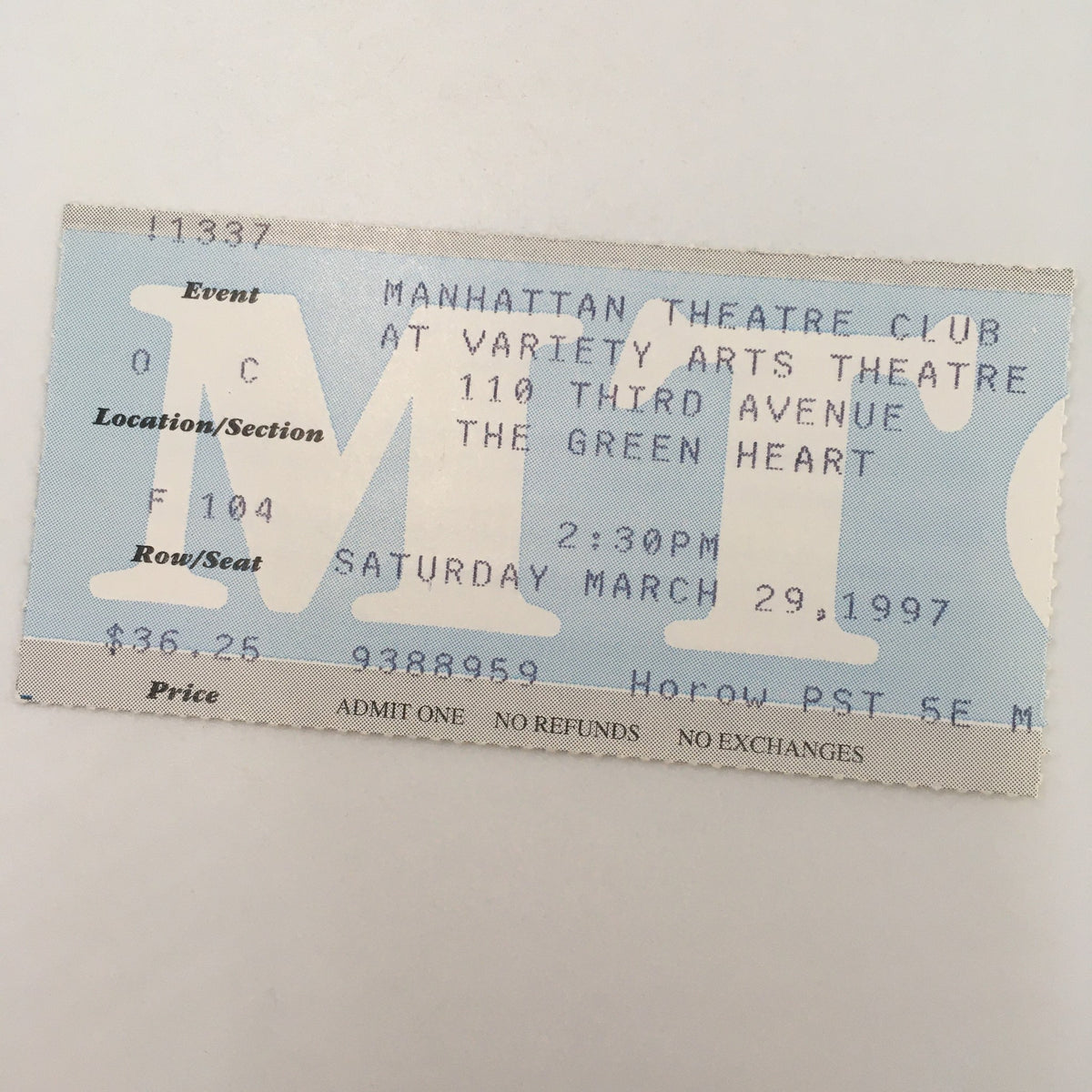 1997 Playbill Variety Arts Theatre 'The Green Heart' - Original ticket stub dated March 29, 1997, featuring details like price and seating information.