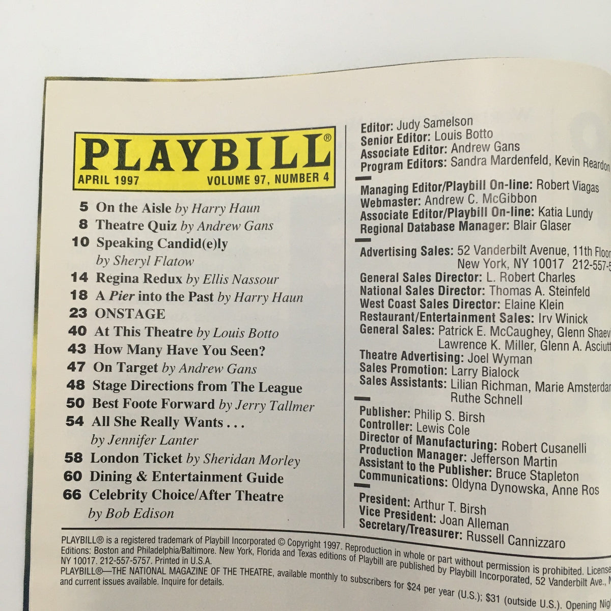 1997 Playbill Variety Arts Theatre 'The Green Heart' - Page detailing the editorial staff and contributors for the April 1997 issue of the Playbill.