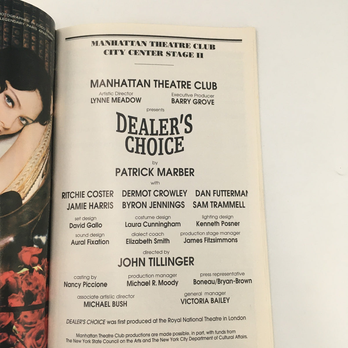 Inside page of the 1997 Playbill for Dealer's Choice detailing the cast and creative team for the production at Manhattan Theatre Club.