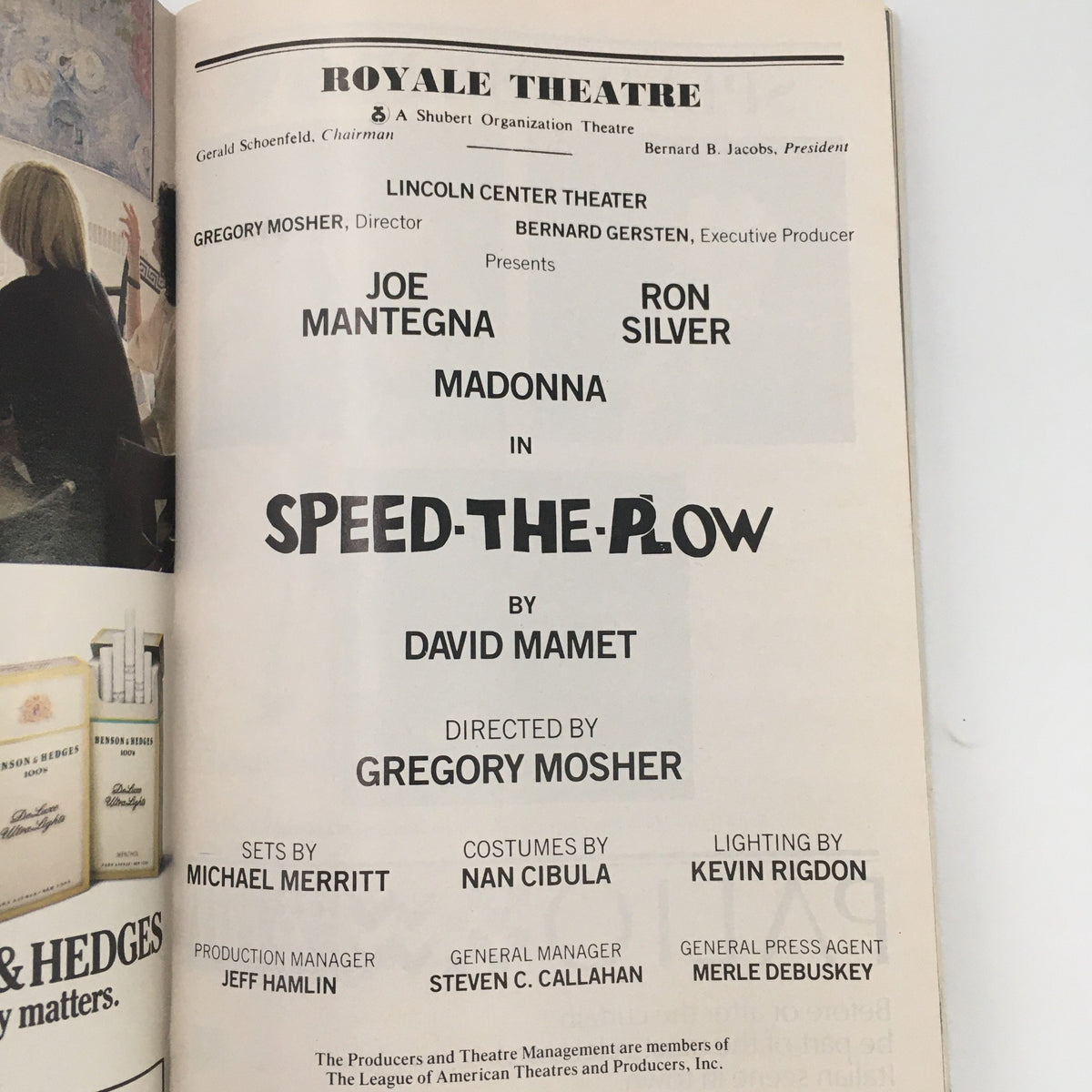 Another inside page from the 1988 Playbill for 'Speed The Plow', displaying the cast including Joe Mantegna, Ron Silver, and Madonna, presenting details about the production and its director.