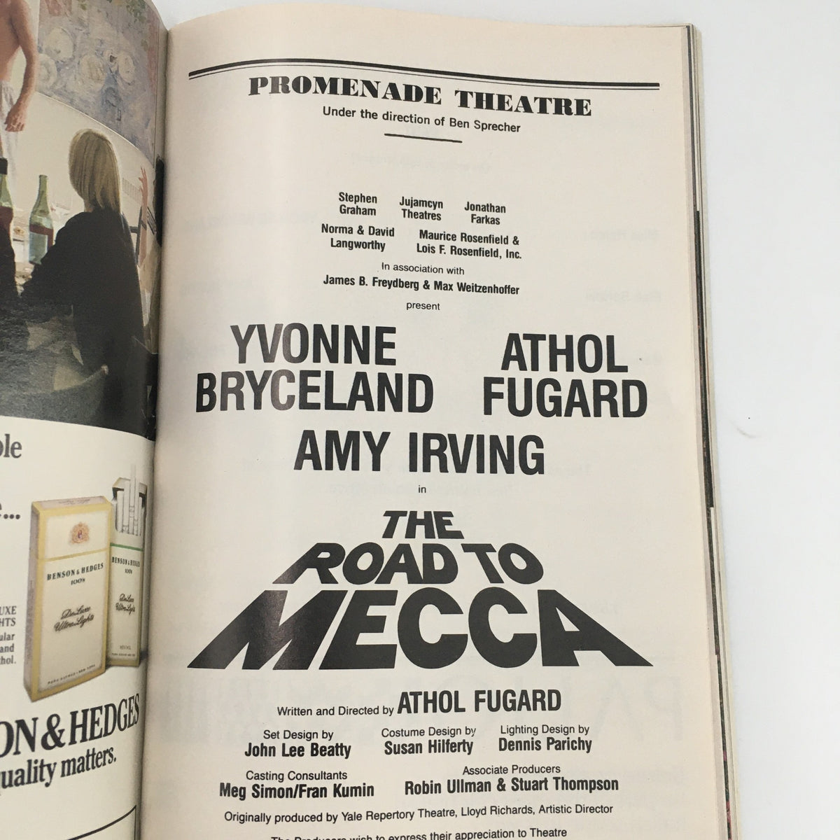 Cast listing page of the 1988 Playbill for 'The Road to Mecca', featuring Yvonne Bryceland, Amy Irving, and Athol Fugard.