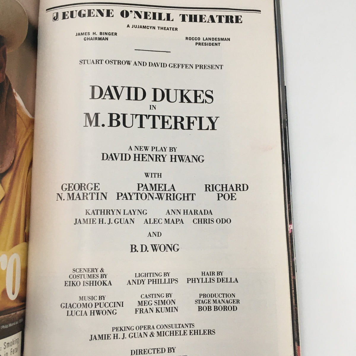 Cast listing page from the 1989 Playbill for 'M. Butterfly' featuring David Dukes and other notable actors.
