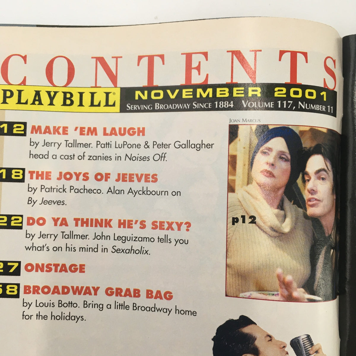 Table of contents from the November 2001 Playbill including articles related to Broadway, featuring 'Where's My Money?' by John Patrick Shanley.