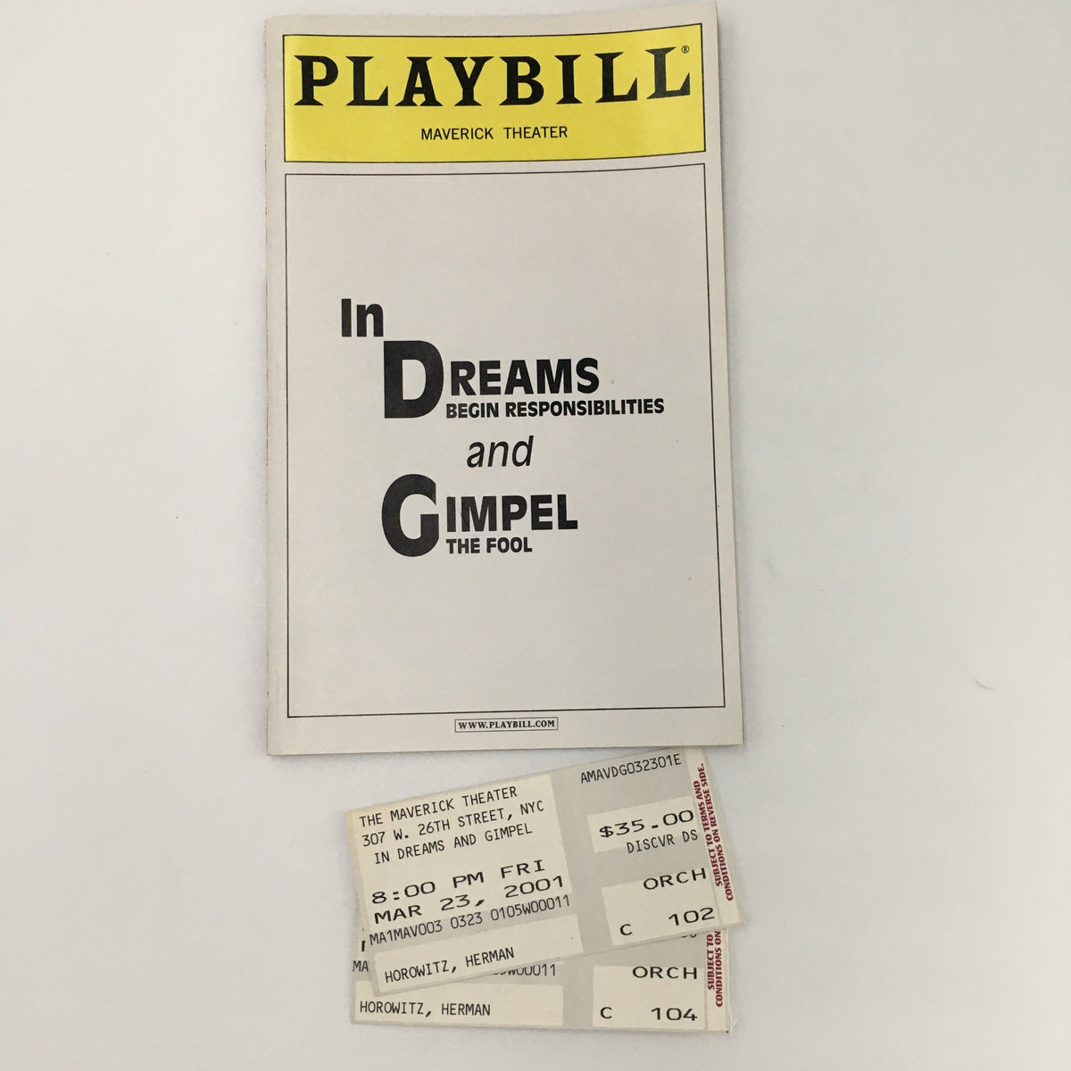 2001 Playbill Maverick Theater 'In Dreams and Gimpel' featuring original ticket stubs from the performance.