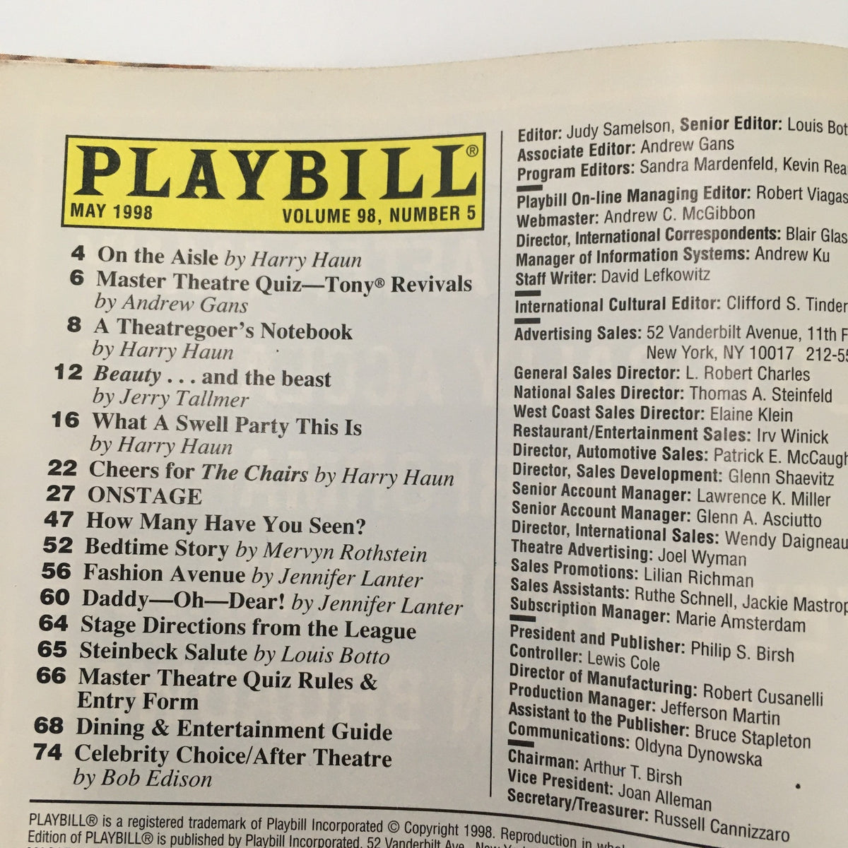 Inside pages of the 1998 Playbill from The Promenade Theater showcasing various theater articles and listings, including the play 'Power Plays' by Elaine May and Alan Arkin.