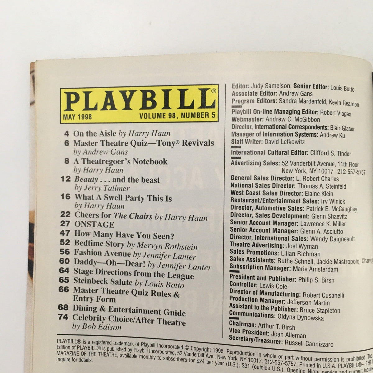 Inside contents of the May 1998 Playbill Longacre Theatre 'Golden Child,' listing additional performances and articles related to theater.