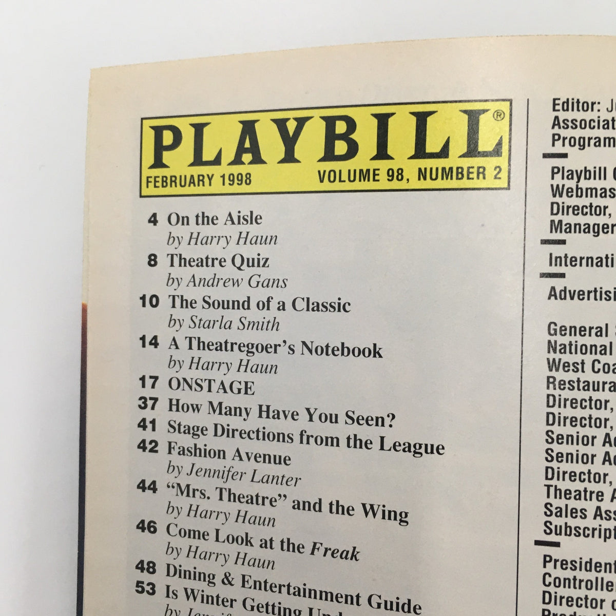 Inside page of the February 1998 Playbill for 'Eyes For Consuela,' showcasing the magazine's contents and editorial information.