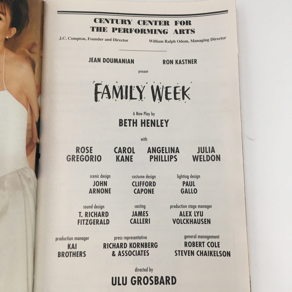 Credits page of the 2000 Playbill for 'Family Week' including cast and creative team details.