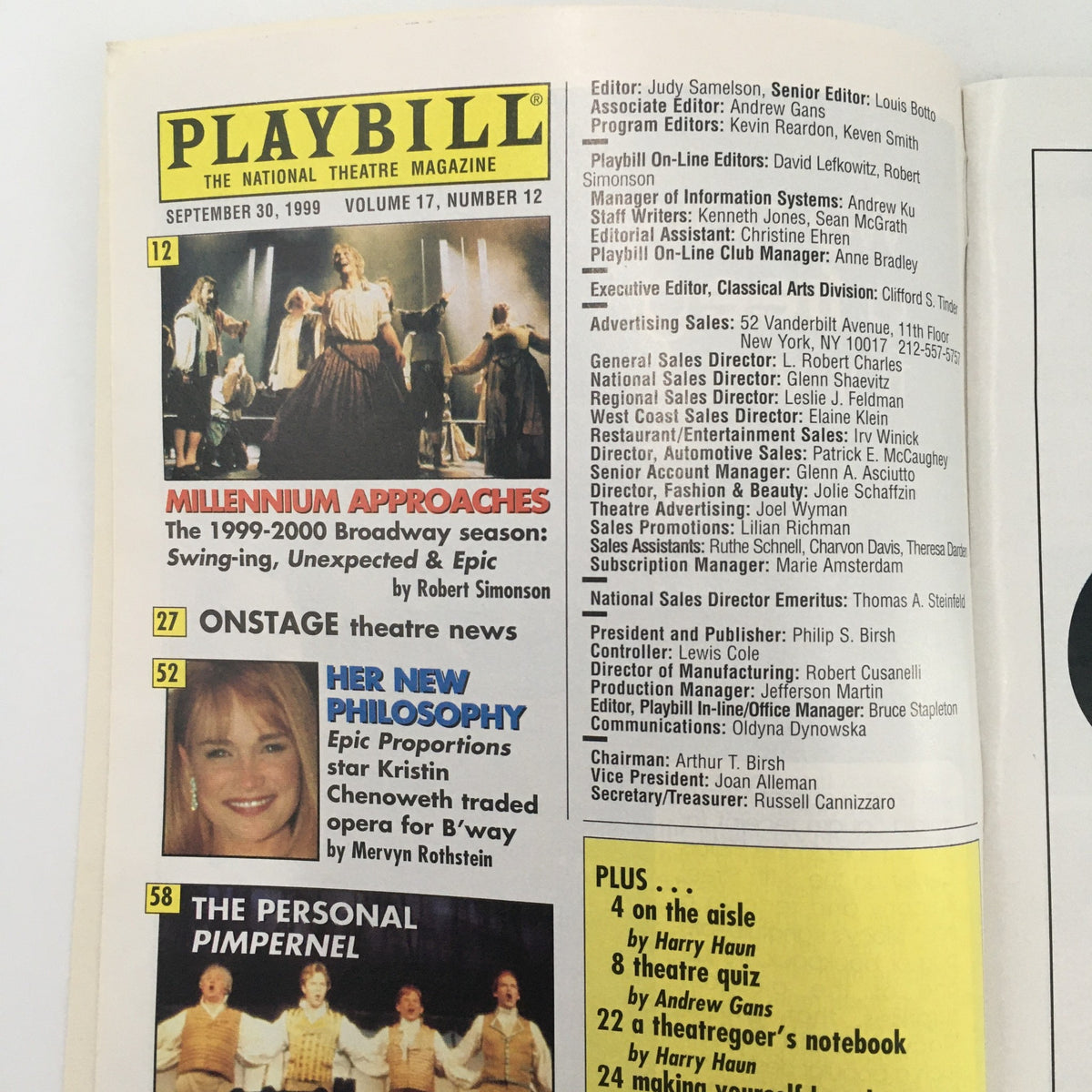 1999 Playbill The Helen Hayes Theatre 'Epic Proportions' showing the inside pages with details about the cast and production credits, highlighting its theatrical significance.