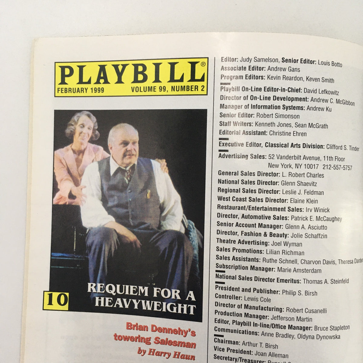 1999 Playbill for 'Requiem for a Heavyweight,' February issue, featuring editorial and production details on the cast and team, highlighting contributions to the theatrical arts.