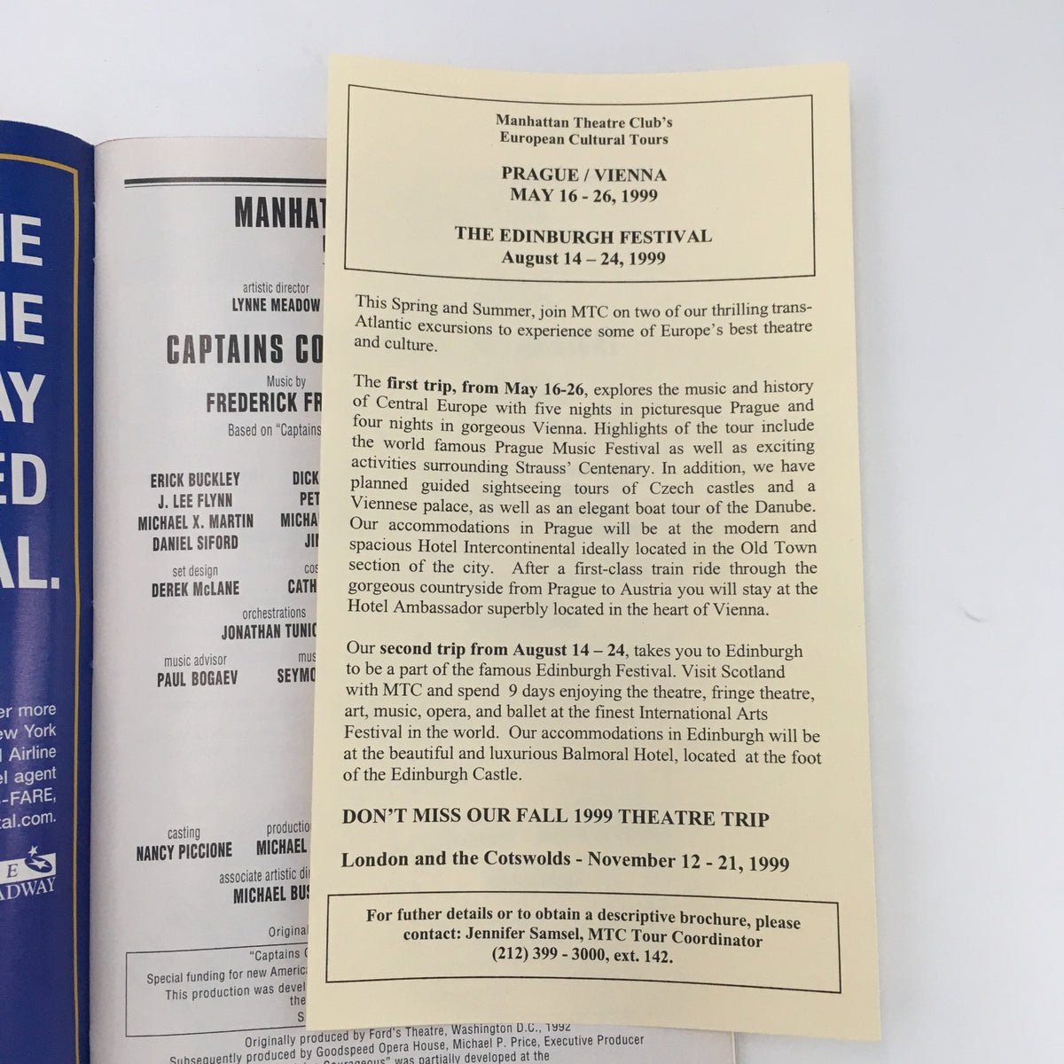 1999 Playbill for Captains Courageous featuring details about the Manhattan Theatre Club's Edinburgh Festival including travel information and highlights from the production.