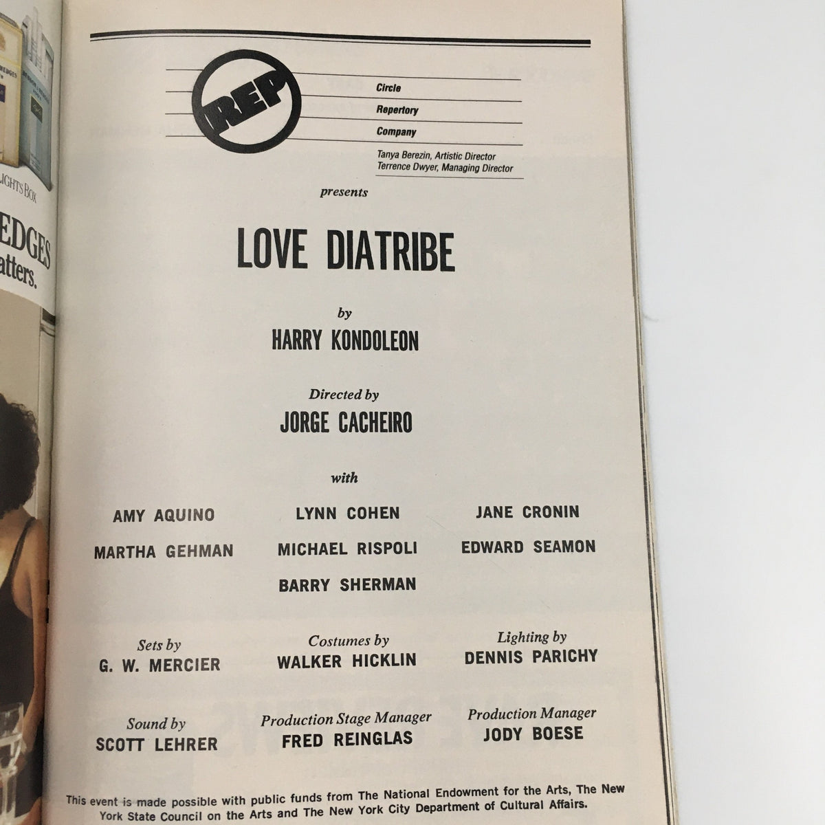 Another interior page of the 1990 Playbill for 'Love Diatribe', detailing the cast and creative team.