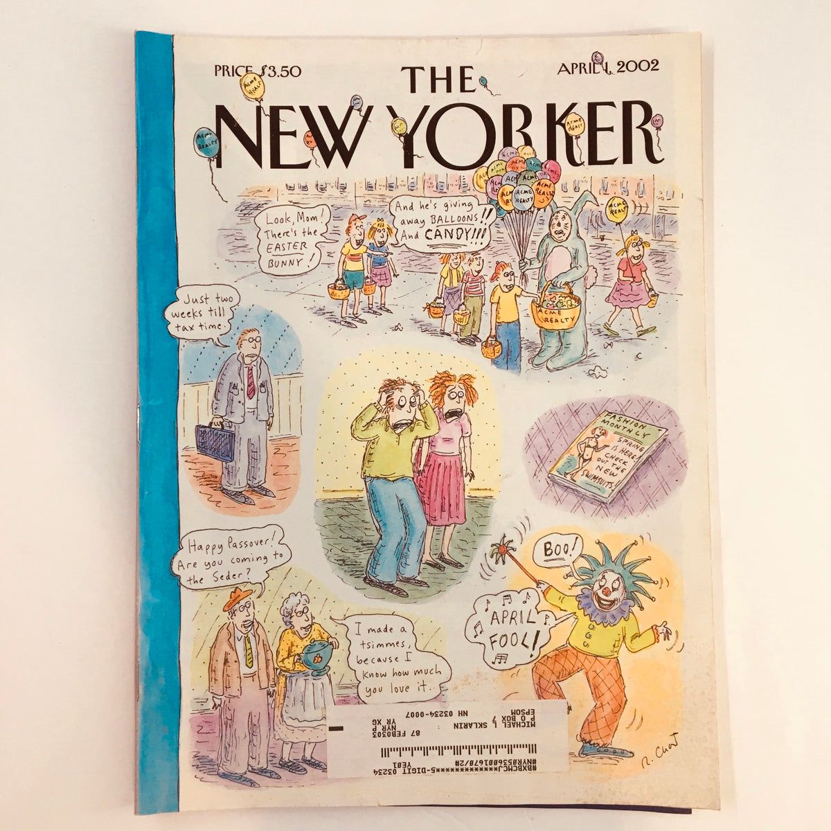 The New Yorker Full Magazine April 1 2002 cover featuring colorful illustrations by Roz Chast, depicting festive spring scenes with characters celebrating Easter and April Fools' Day.