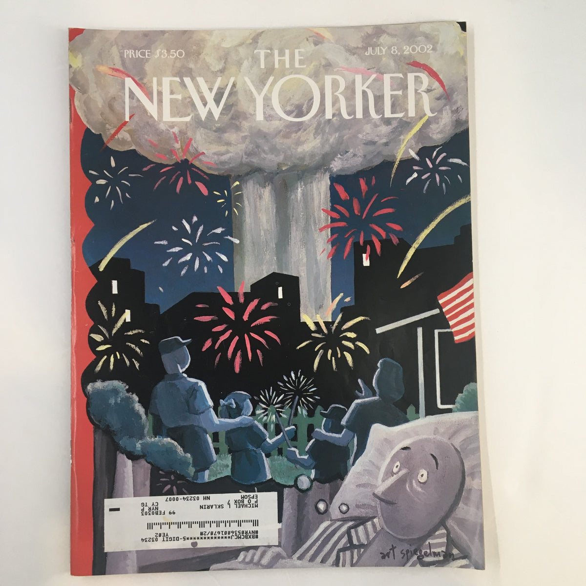 Cover of The New Yorker Full Magazine July 8 2002, featuring striking artwork by Art Spiegelman depicting fireworks and a looming cloud, reflecting the emotions of the era.