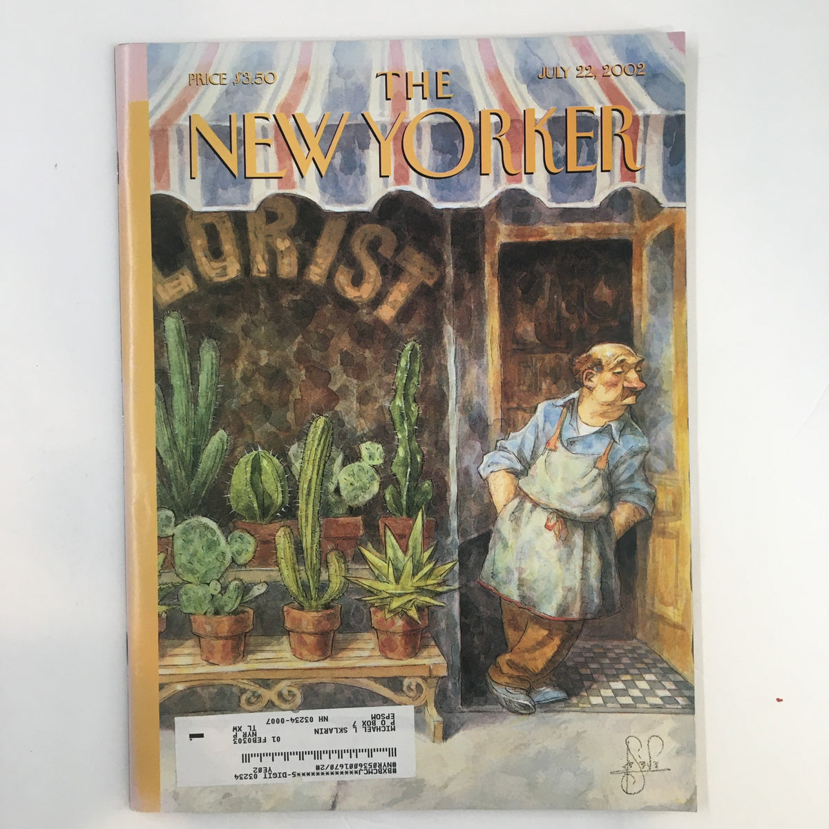 Cover of The New Yorker Full Magazine from July 22, 2002, featuring the illustration 'Prickly Heat' by Peter de Seve, depicting a florist surrounded by cacti and a whimsical atmosphere.