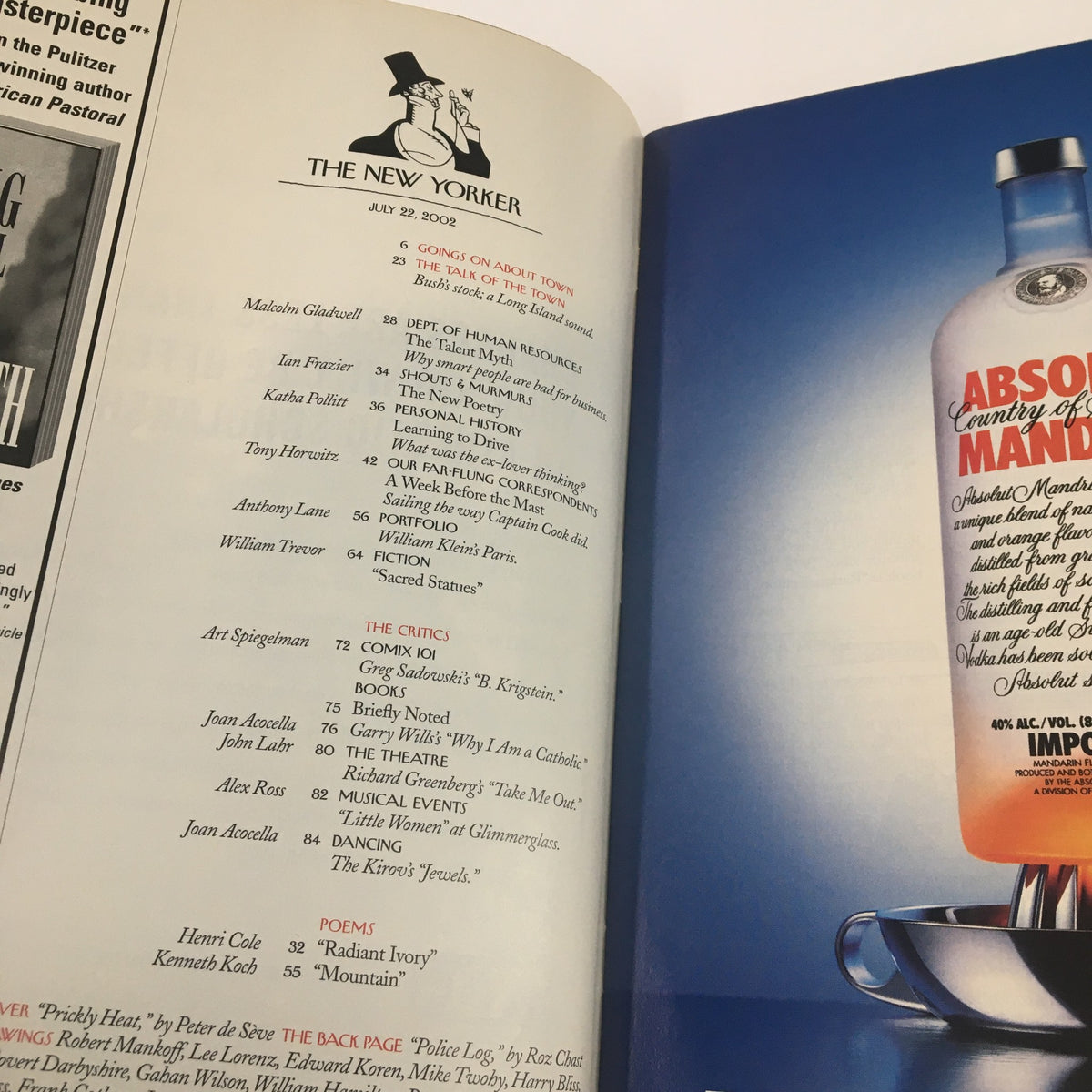 Interior page of The New Yorker Full Magazine July 22, 2002, featuring the table of contents and article listings.