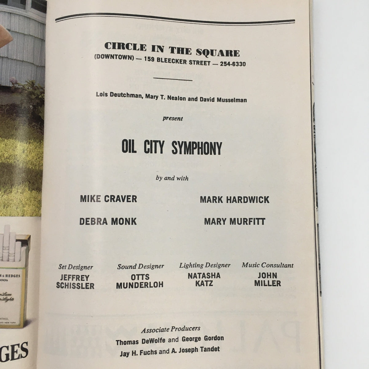 Inside page of the 1988 Playbill for 'Oil City Symphony' showcasing the cast and crew details, including Mike Craver and Mark Hardwick.