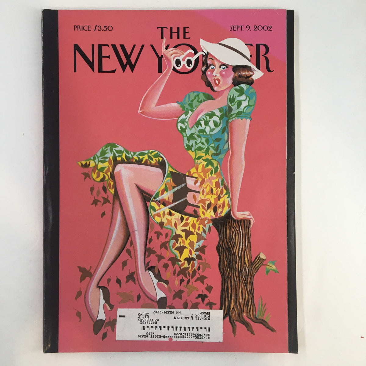 Cover image of The New Yorker Full Magazine September 9, 2002, featuring a vibrant illustration of a woman in a green dress surrounded by leaves, embodying Fall Fashion as illustrated by Michael Roberts.