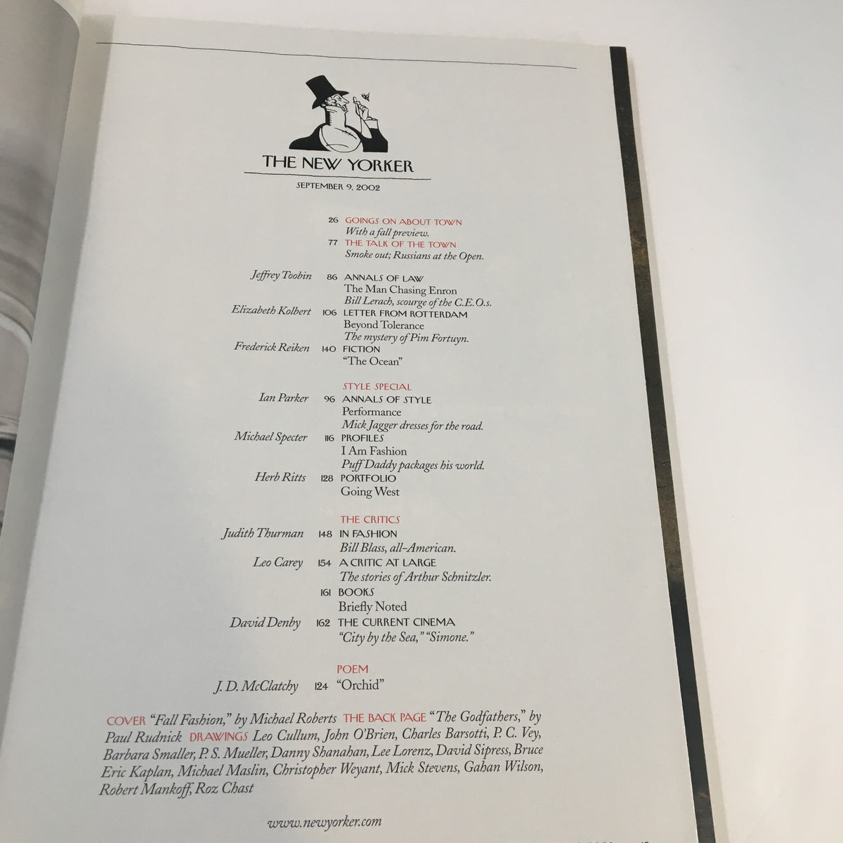 The New Yorker magazine interior page from September 9, 2002, showcasing the contents of the Fall Fashion edition illustrated by Michael Roberts. This page includes articles and features related to fashion trends and insights relevant to early 2000s style.