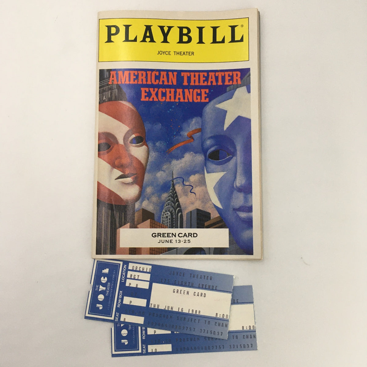 1988 Playbill for 'Green Card', directed by Joanne Akalaitis, featuring vibrant artwork on the cover, along with original ticket stubs from the Joyce Theater production.