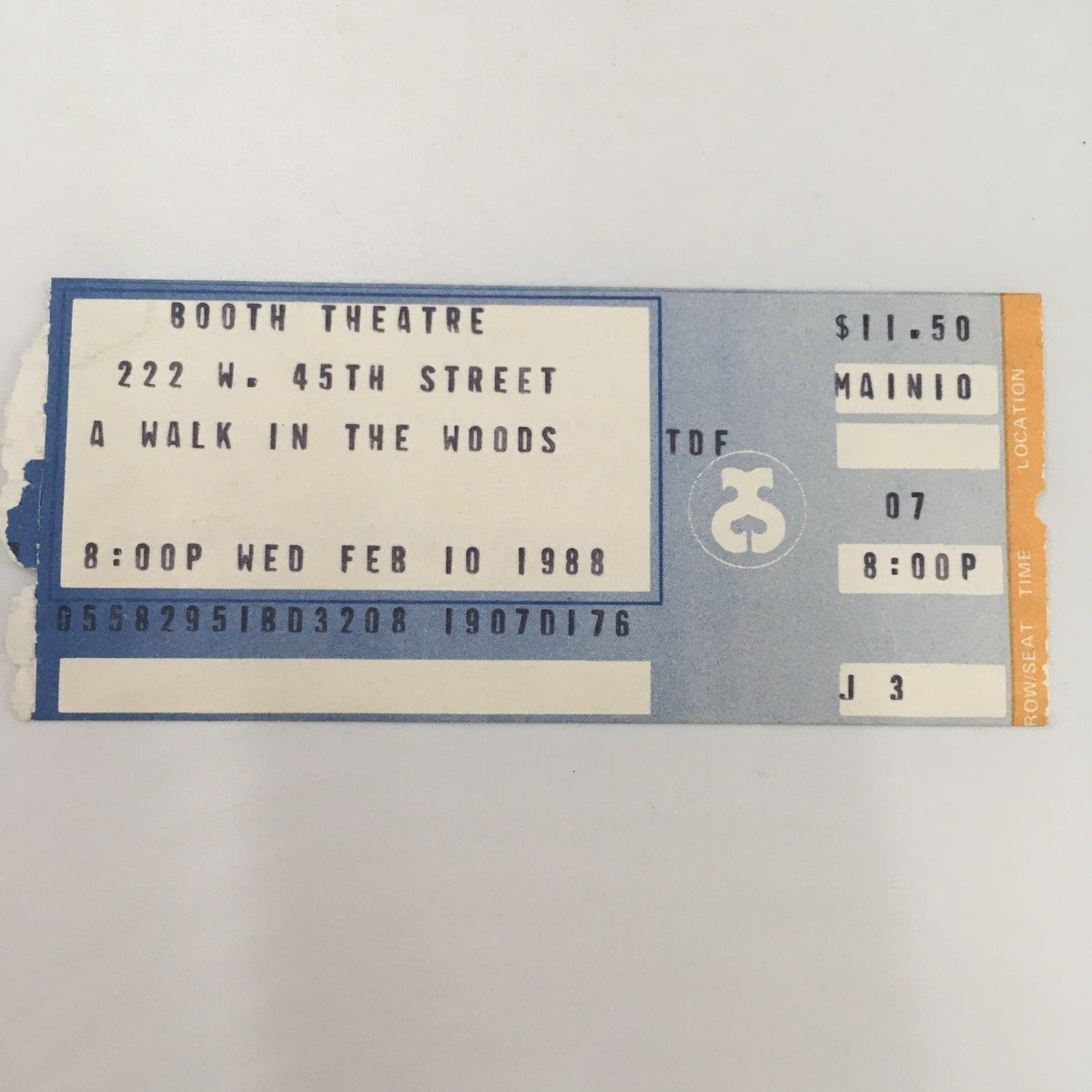 Original ticket stub for 'A Walk in the Woods' at Booth Theatre, dated February 10, 1988, priced at $11.50.
