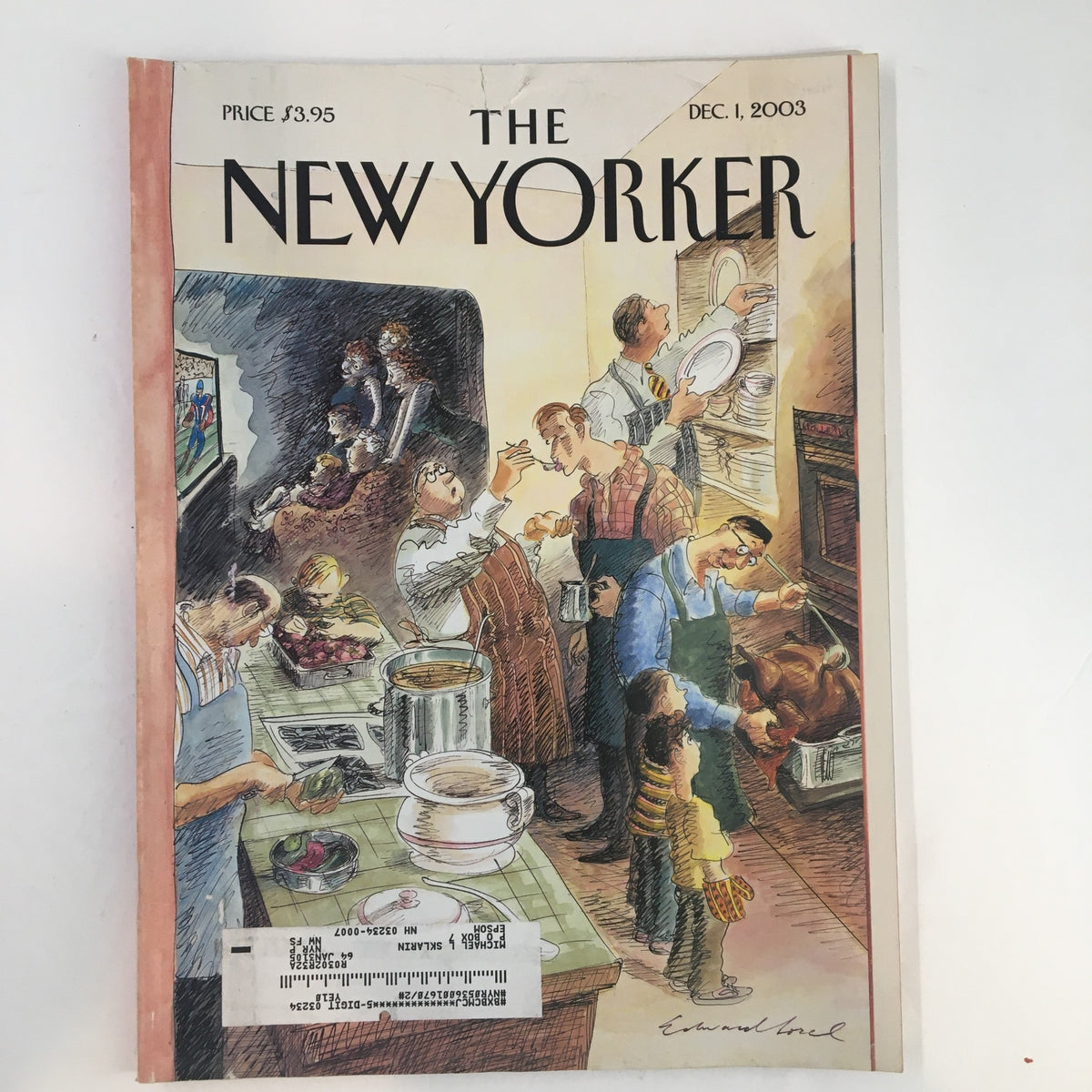 Cover of The New Yorker Full Magazine December 1 2003 featuring 'Reverse Play' illustration by Edward Sorel, showcasing a lively kitchen scene.