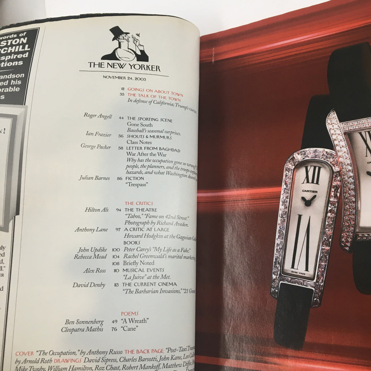 Interior page from The New Yorker Full Magazine November 24, 2003 displaying content table and additional magazine details.