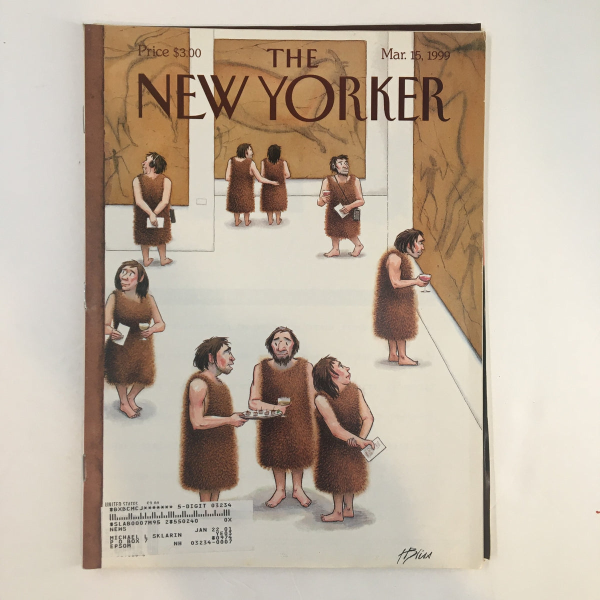 Cover of The New Yorker Full Magazine March 15 1999 featuring 'Cave Opening' by Harry Bliss, illustrating prehistoric people in a cave setting.