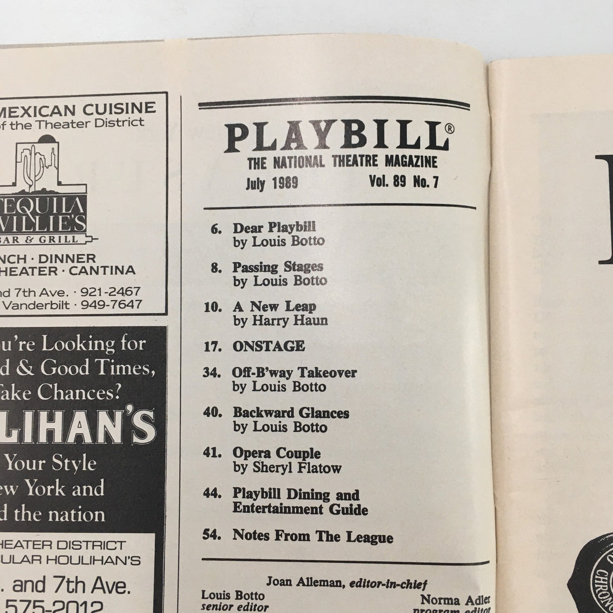 Inside view of the 1989 Playbill Lincoln Center Theater Mitzi E. Newhouse 'Ubu' displaying the magazine layout including articles and features from the July 1989 issue.