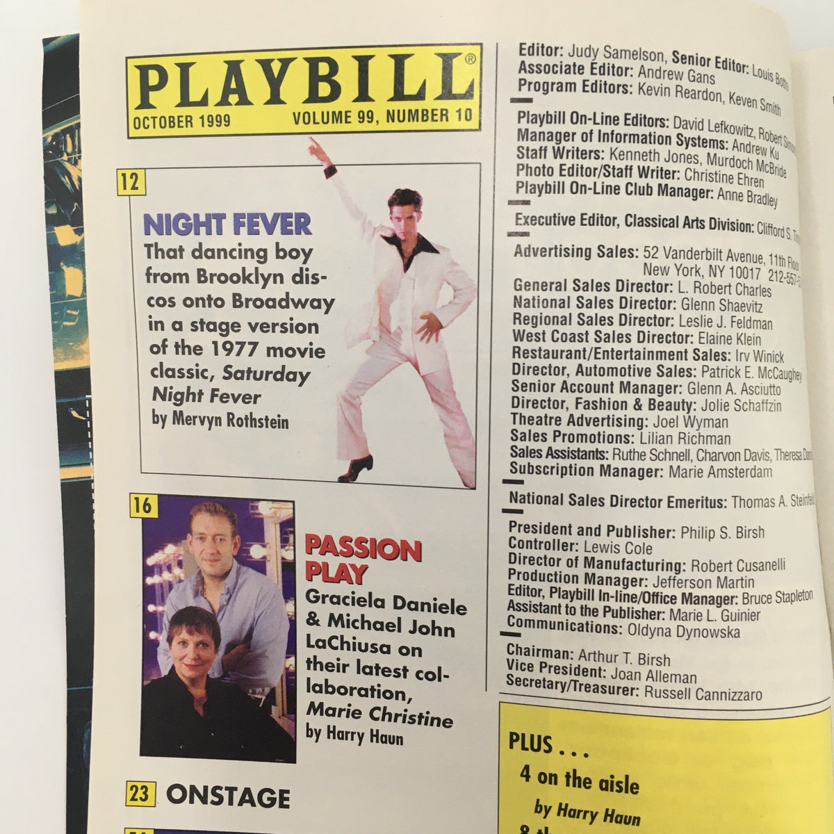 September 1999 Playbill featuring 'Night Fever' and advertisements from various productions, part of the 1999 Playbill collection.