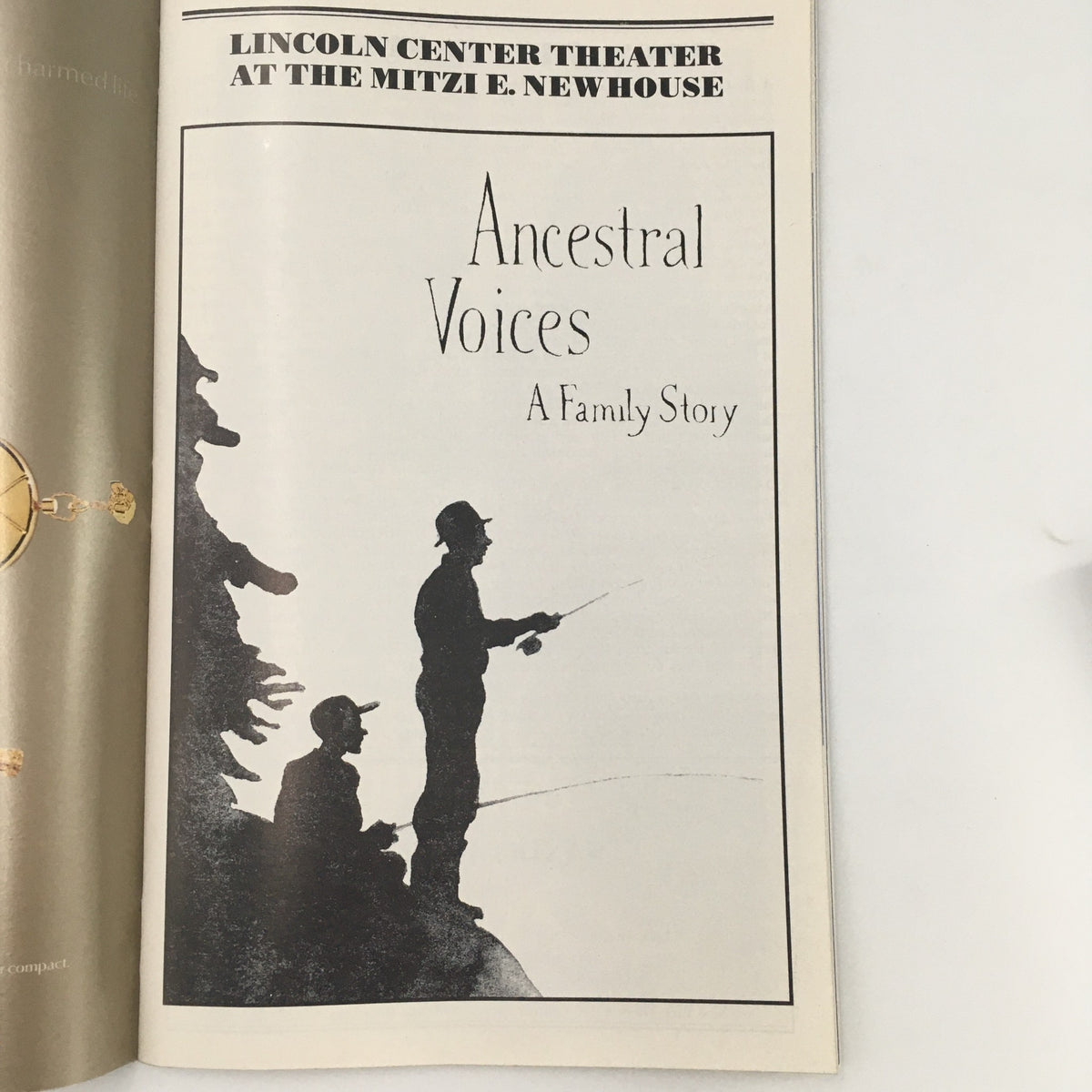 Interior page of the 1999 Playbill showing 'Ancestral Voices A Family Story' title with an illustration of fishing silhouettes.