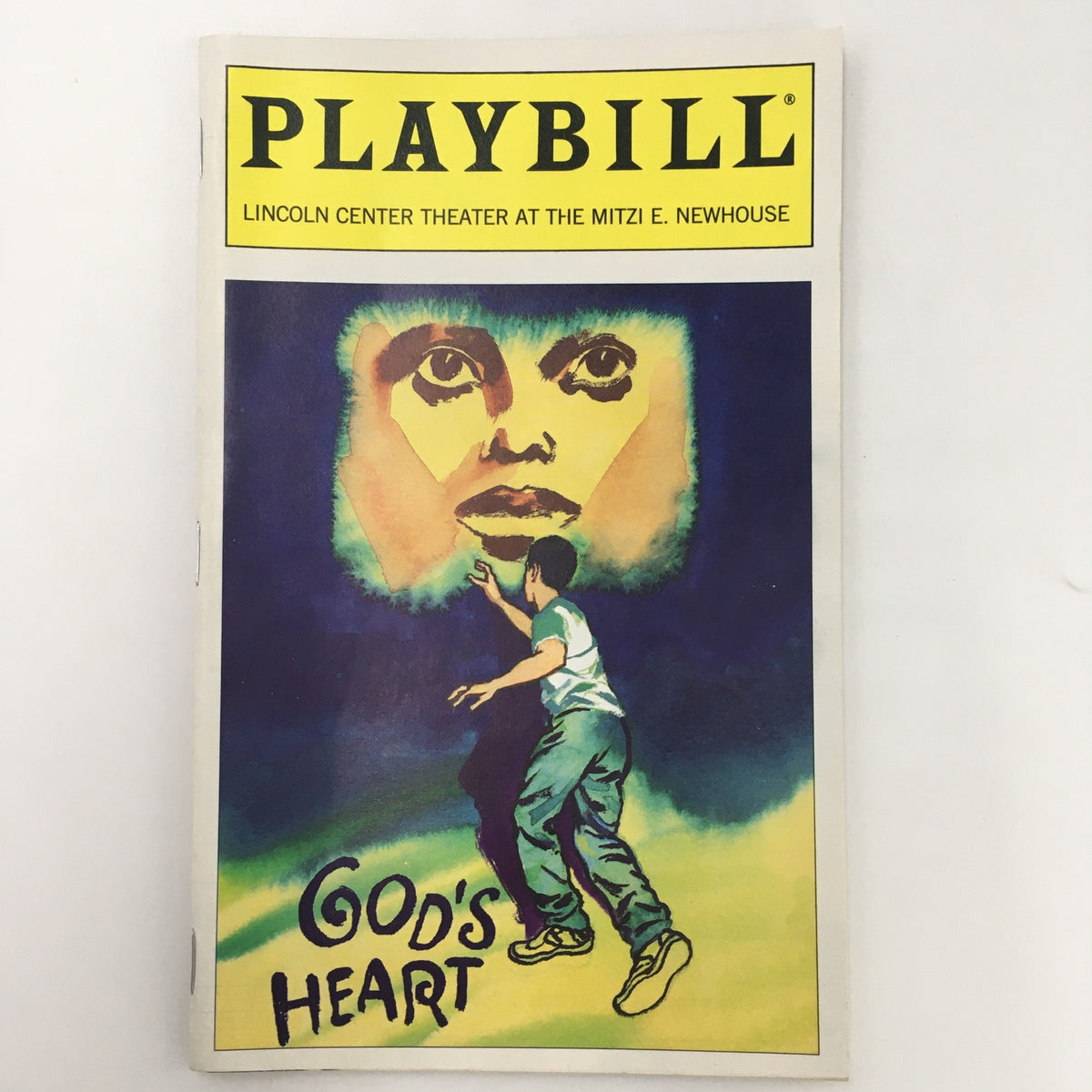 1997 Playbill for 'God's Heart' at Lincoln Center Theater, featuring a striking cover art with a person's face and a child reaching out, showcasing a unique theatrical collectible.