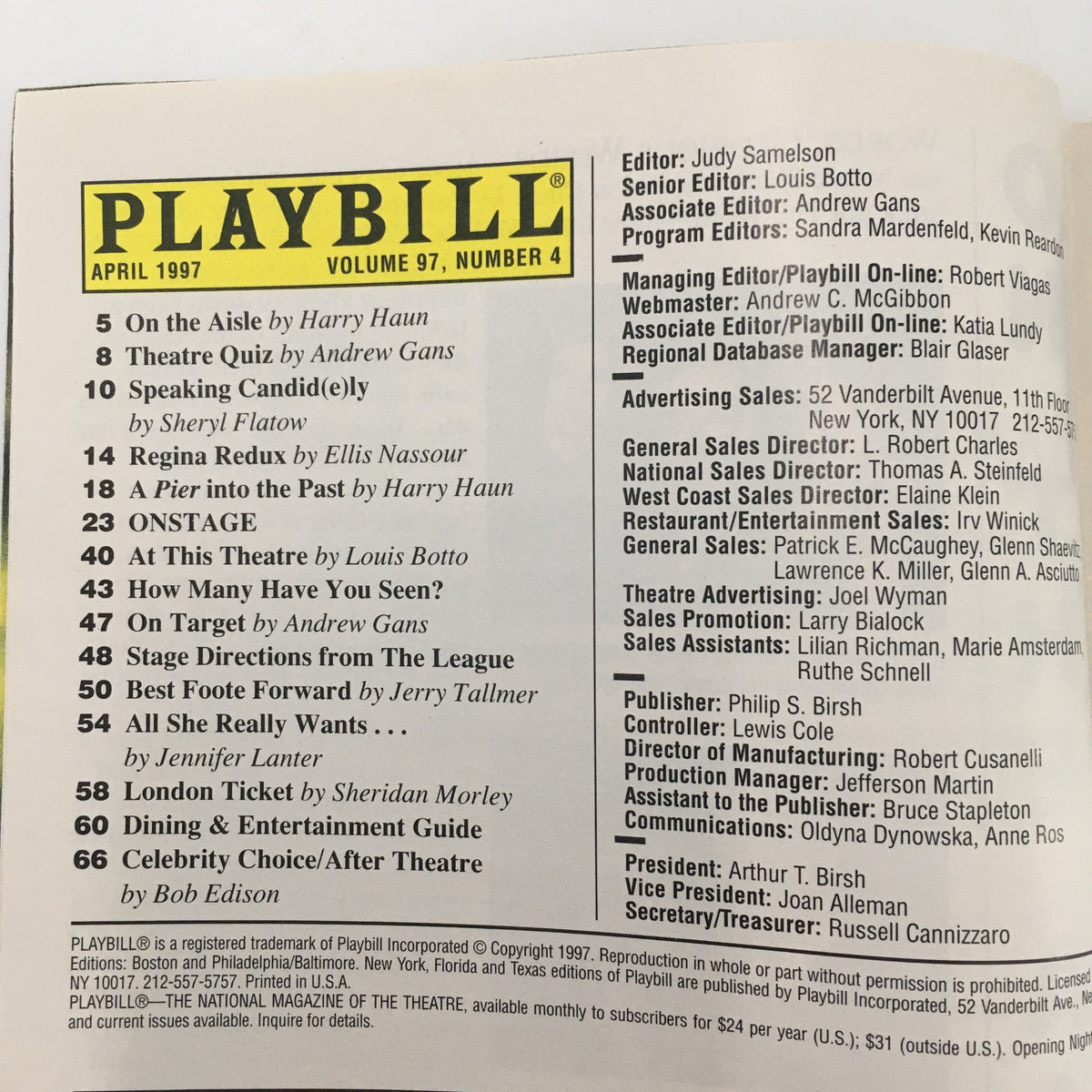 Inside page of the 1997 Playbill for 'God's Heart', detailing the table of contents and production credits, highlighting the 1997 theater edition.