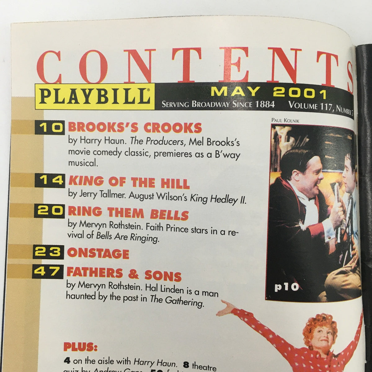 Contents page from the 2001 Playbill for 'Hal Linden in The Gathering' at the Cort Theatre, featuring listings of other Broadway shows like 'Brooks's Crooks' and 'King of the Producers'.